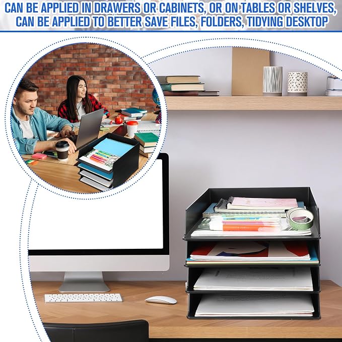 4 Pcs Stackable Paper Trays Rectangular Plastic Desk Holder Desktop Document File Organizer Storage Letter for Office Classroom (Black) - Image 4