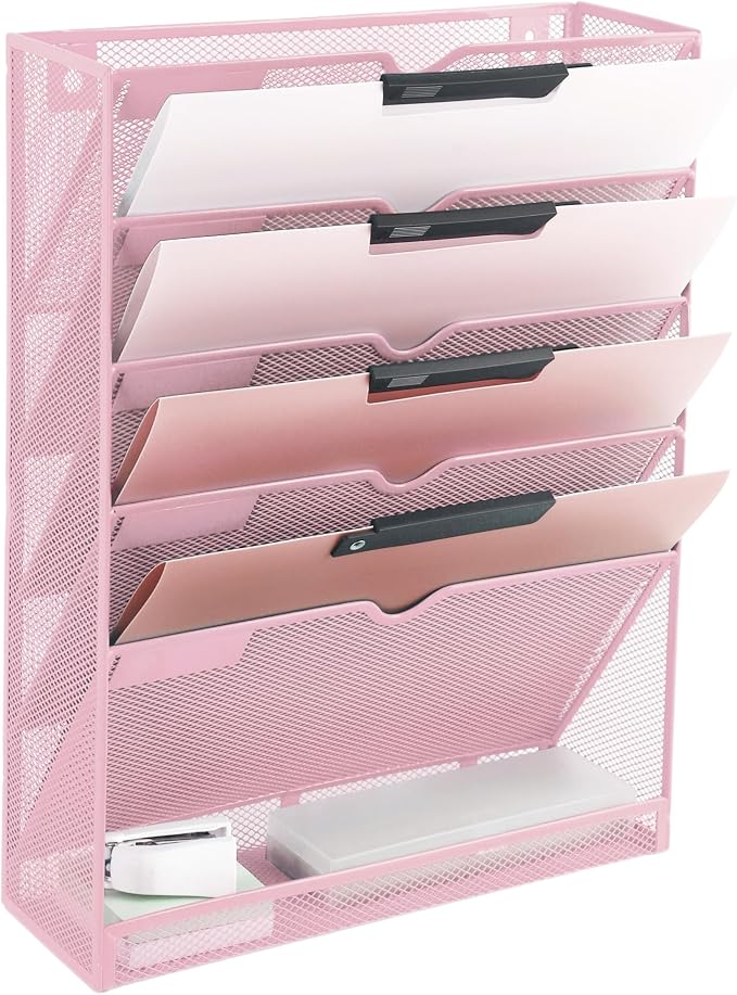 6 Tier Mesh Hanging Wall File Organizer, Desk Vertical Mail Paper Document Folder Holder Rack with Bottom Tray and Nametag Label for Office Home School, Pink by EASEPRES