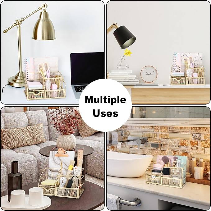 Exerz Desk Organizer Metal Mesh 7 Compartments Office Tidy Caddy Gold | Compact Gold Metal Mesh Design with Drawer and Multi Size Sections for Pens Notes Papers and Home Office Items - Image 7
