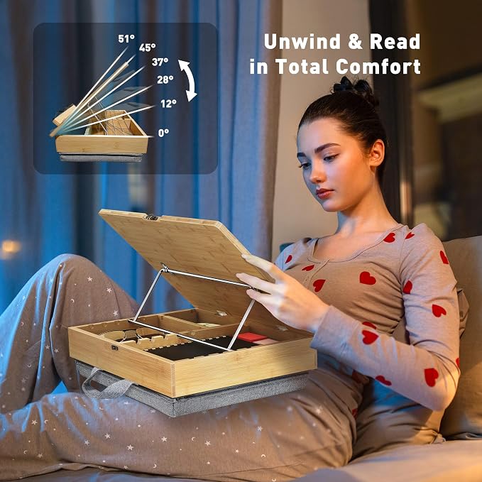 AboveTEK Book Stand for Reading with Storage, Adjustable Bamboo Book Holder with Soft Lap Cushion, Cookbook Stand, Hands-Free Book Reading Stand for Bed, Desktop & Kitchen Counter - Image 2