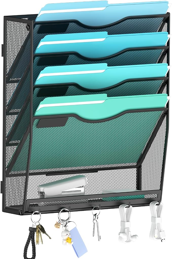 Gawerk 5-Tier Wall File Organizer Hanging Wall File Holder Wall Mount Paper Folder Organize, Mesh Magazine Document Mail Organizer for Office School Home, Black by Gawerk