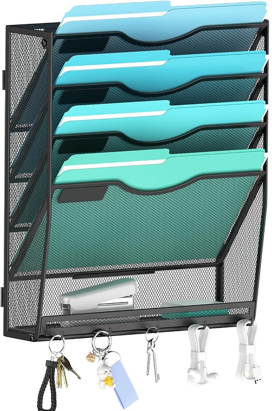 Gawerk 5-Tier Wall File Organizer Hanging Wall File Holder Wall Mount Paper Folder Organize, Mesh Magazine Document Mail Organizer for Office School Home, Black by Gawerk
