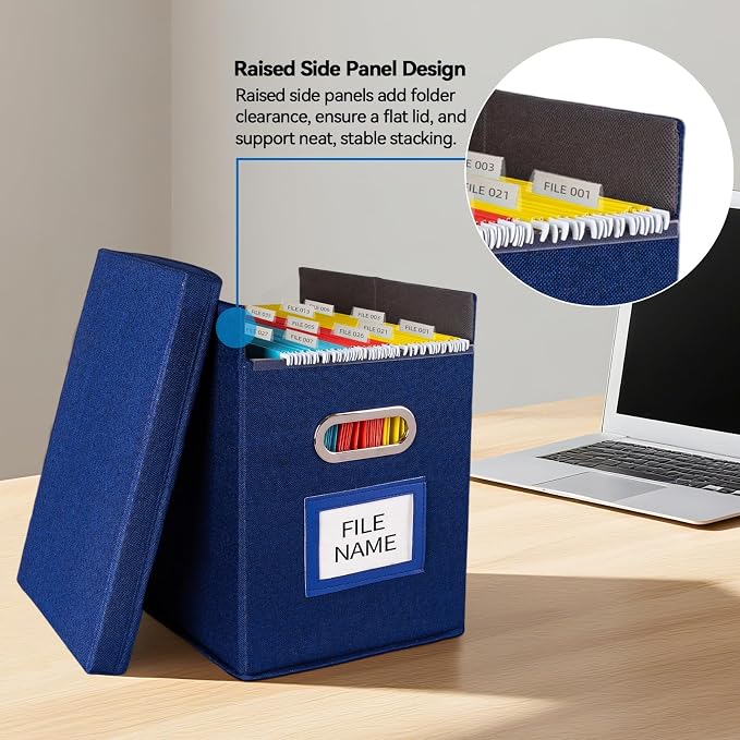 2 Pack Hanging File Folders Organizer with Lid, Letter Size Fabric File Storage Box Collapsible, Portable Office Document Holder with Metal Handle, Smooth PVC Rails, Blue - Image 4