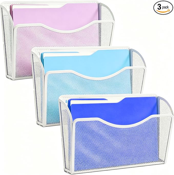 Gawerk Mesh Hanging Wall File Holders, Metal Vertical Wall Basket Mail Organizer for Office/Home (White, 3 Pack Wall Mounted) by Gawerk