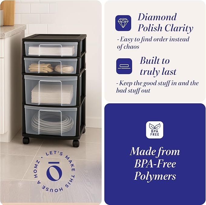 HOMZ Drawer Tower, 4-Tier Clear Plastic Storage Organizer Cart, Black Frame - Rolling Drawers with Wheels for Desk, Dresser, Cabinet, Bedroom, Bathroom, Closet, Classroom, and Office Organization - Image 5