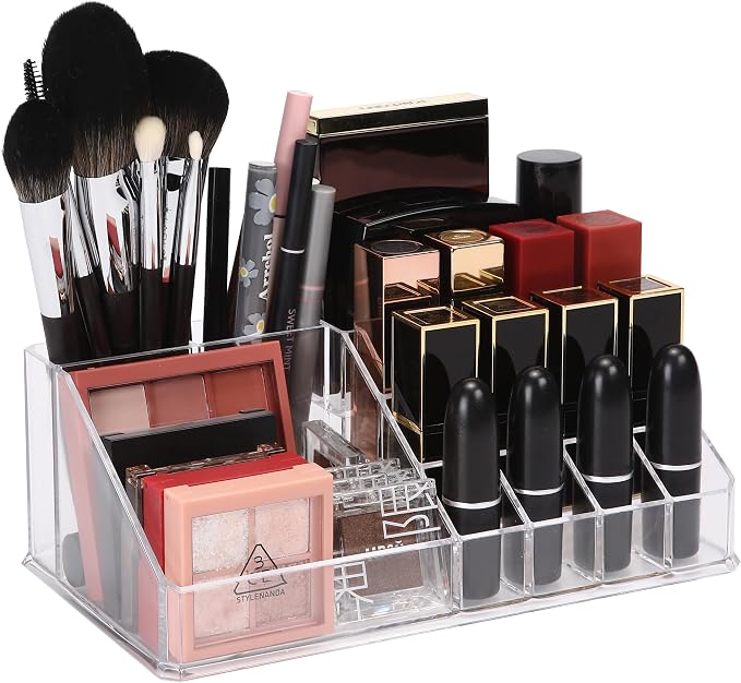 Sea Team Stackable Clear Acrylic 16-Slot Lipstick Organizer for Vanity | Makeup Storage Box, Cosmetic Display Case, Holder for Lippie, Gloss, Brush, Eye Liner, Eyebrow Pencil, Nail Polish, Essence by SeaTeam