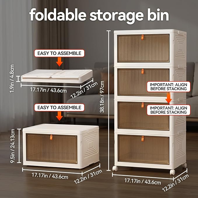 LDQ 136Qt Large Storage Bins with Lids, 4 Tier Stackable Storage Cabinet with Wheels & Clear Doors, Foldable Plastic Closet Organizer for Bedroom, Bathroom & Kitchen - Image 9