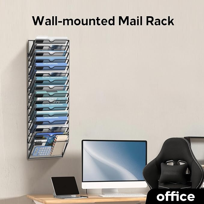 16-Tier Wall File Organizer and Hanging File Organizer, Black | Wall Organizer and Wall Mounted File Holder with 16 Pockets and Label Panels for Files, Mail, Folders, Magazines and Paper - Image 5