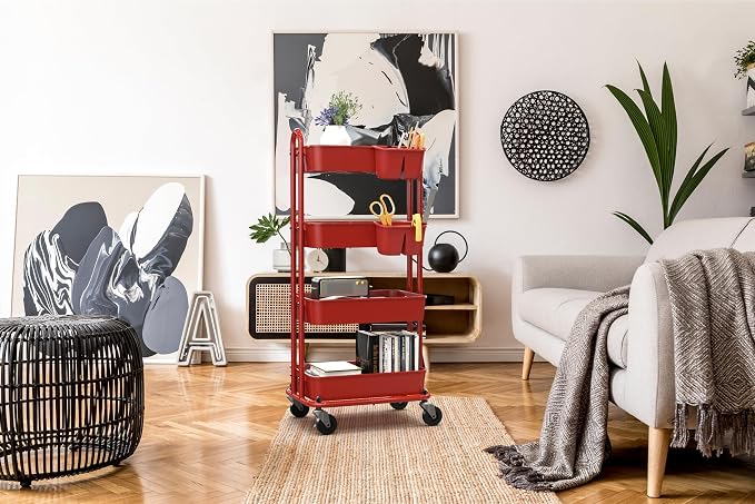 Simple Houseware 4-Tier Rolling Utility Cart with Hanging Bucket, Red | Storage for Bathroom, Kitchen, Office, Study Room, Nursery Diaper - Image 8
