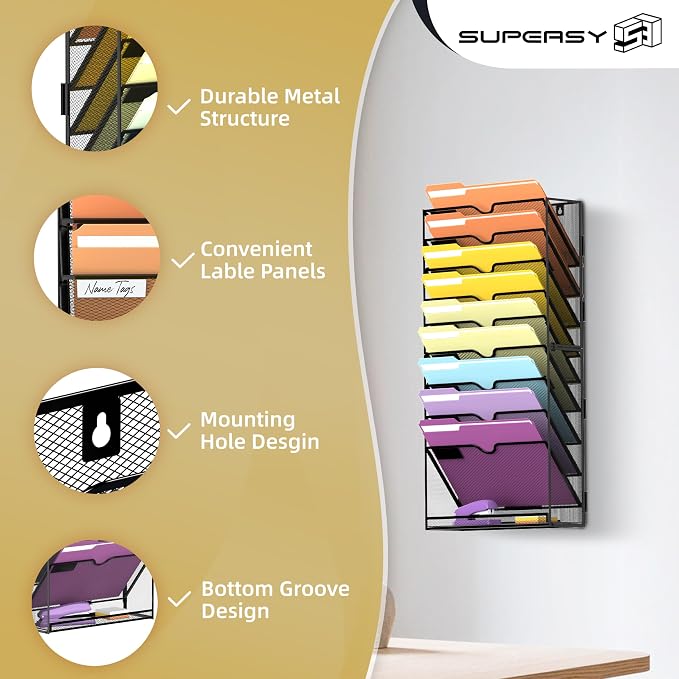 10Tier Hanging Wall File Holder Organizer for Papers, Folders, Files Clipboard & Magazine Organization Great for Office Home, Assembly Needed, Black | Paper, Folder, Magazine Rack Great for Office Home School, Assembly Needed, Black - Image 4
