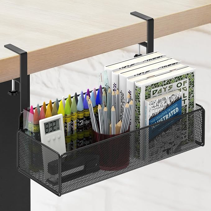 Office Under Desk Organizer Storage, Metal 3-IN-1 Clamp On Desk Side and Desktop File Document Magazine Organization Wall Hanging Bin Holder Office Supplies For Home School Essentials by Unknown