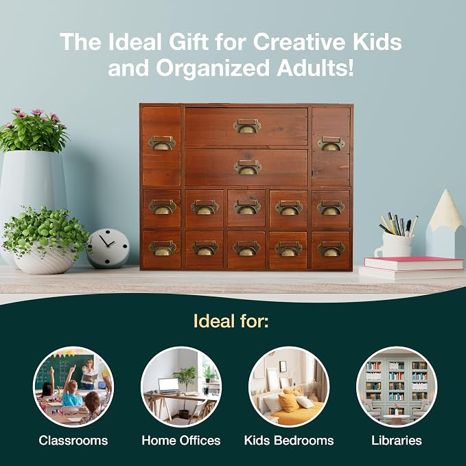 14-Drawer Apothecary Cabinet - Index Card Organizer - Miniature Chest of Drawers - Brass Handle Organizer - Kids' Arts and Crafts Storage - Wooden Desktop Drawer Organizer - Image 7