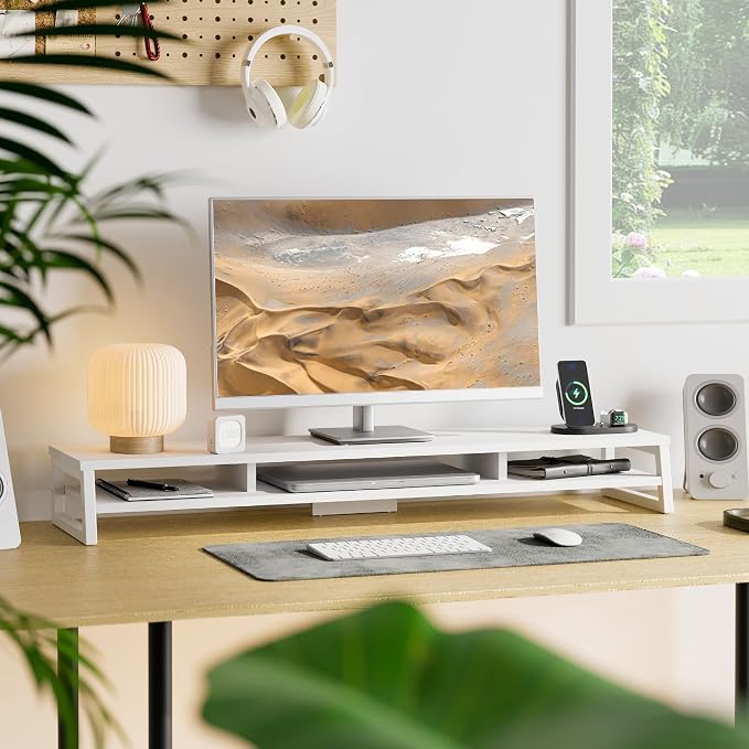 Fenge Dual Monitor Riser for Desk, Open Shelf with 3 Storage Compartments | 42.5in Computer Monitor Stand, 2-Tier Desk Shelf for Top of Desk,One-Piece Panel, fit Ultrawide Monitor, PC, Laptop, White - Image 2