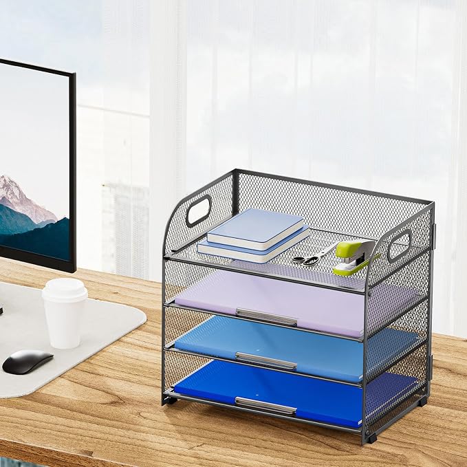 Marbrasse 4 Tier Paper Organizer Letter Tray - Mesh Desk File Organizer with Handle, Paper Sorter Organizer for Letter Office File Folder Holder (Grey, 12.6" x 9.1" x 10.7") - Image 6