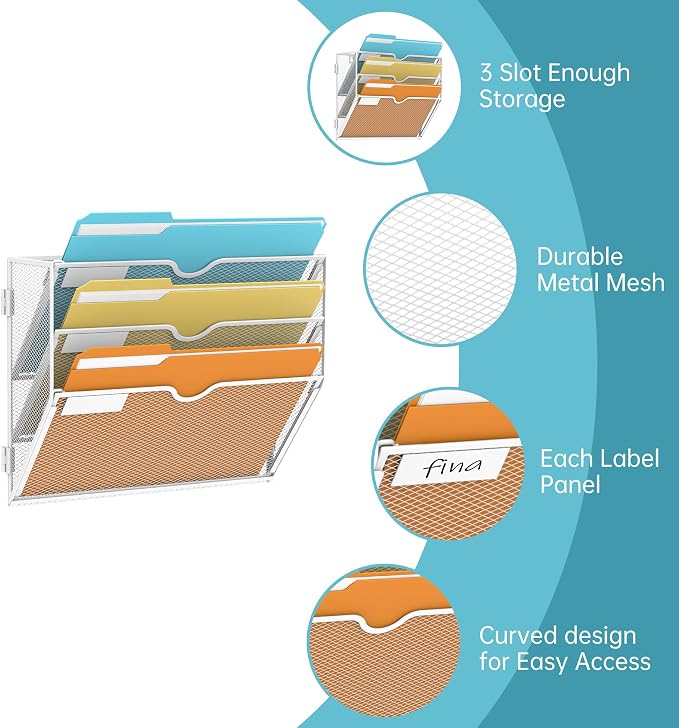3-Tier Wall File Organizer, Hanging Wall Mounted Mail Organizer with Label Slots, Metal Mesh File Holder Magazine Rack for Office, Home, School or Classroom, White - Image 3