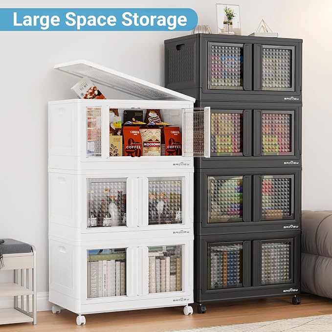 BROVIEW 400Qt Stackable Storage Bins with Lids, 100Gal Closet Organizers and Storage Drawer, Plastic Collapsible Storage Bins with Doors, Heavy Duty Store Box Cabinet for Home Kitchen, 4Pack White - Image 7