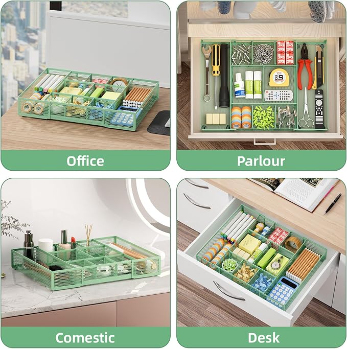 Marbrasse Expandable Desk Drawer Organizer, Mesh Drawer Organizer Tray with 10 Adjustable Compartments, Desk Organizers and Accessories for Office Supplies, Makeup & Vanity (Expandable-Green) - Image 4