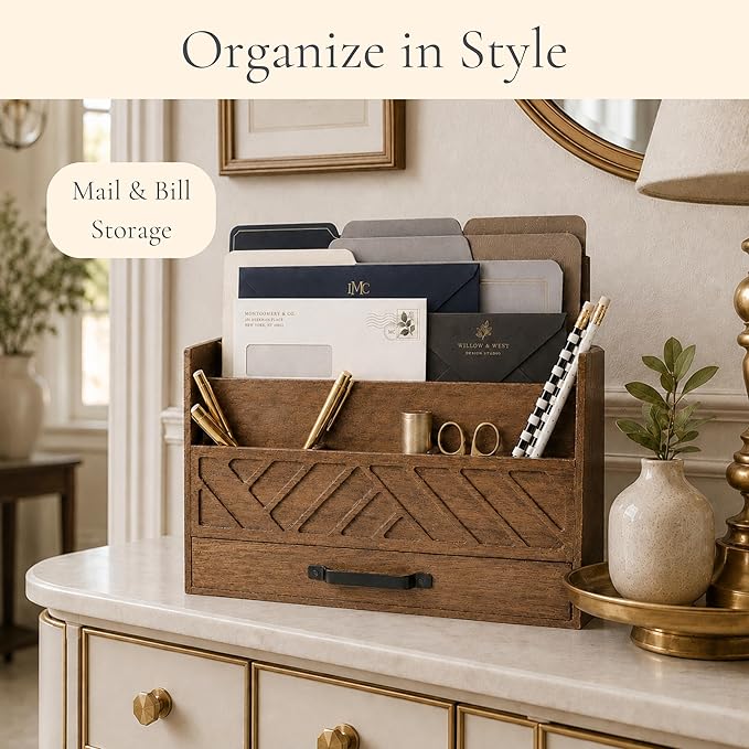 BLU MONACO | Wooden Mail Organizer with Drawer and Compartments | Mail Sorter Organizer Countertop for Desk Entryway | Outgoing Mail Holder Wood Desktop File Storage - Image 3