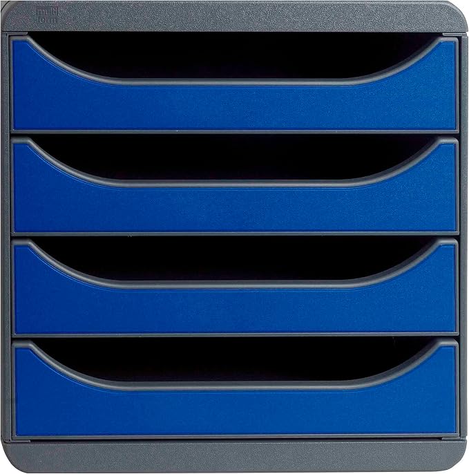 Exacompta - Ref 310703D - BIG-BOX Desktop Drawer Set - 4 x 55mm Drawers, Suitable for A4+ Documents, 347 x 278 x 267mm, 100% Recycled Plastic - Black/Royal Blue by +Office+Supplies