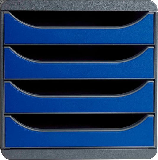 Exacompta - Ref 310703D - BIG-BOX Desktop Drawer Set - 4 x 55mm Drawers, Suitable for A4+ Documents, 347 x 278 x 267mm, 100% Recycled Plastic - Black/Royal Blue by +Office+Supplies