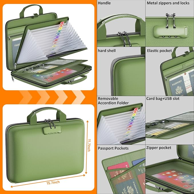 Tamfile Fireproof File Organizer with Lock,Hard Case Fireproof Document Box | 13 Transparent Pockets Accordion File Folder, Office Important Document Organizer for Letter A4 Files Laptop Passports, Green - Image 4