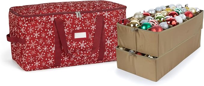 Covermates Keepsakes Adjustable Ornament Storage Bag – Heavy-Duty Polyester, Padded Dividers & FlexGrid Trays – Protective Holiday Ornament Organizer with Handles & Label Window, Red Snowflake by Covermates