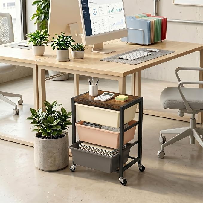 Rolling Cart with 3 Drawers, Plastic Drawer Storage Carts with Lockable Wheels & Wooden Tabletop, Metal Art Craft Utility Cart Organizer for Home Office Bedroom Dorm Bedside Classroom, Dark Brown - Image 5