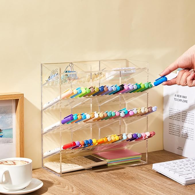 MotiMind Acrylic Pen Organizer Storage for 150 Markers Vertical Marker Organizer Acrylic Pen Display Holder for Office Desk Desktop Stationery Pencil Storage, Clear, 10.2 x 4 x 9.8 Inch - Image 3