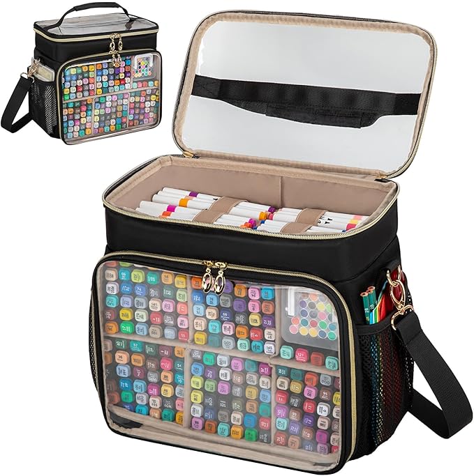 Large Double-Layer Marker Organizer Case for 200-300 Markers, Black | Marker Bag with Removable Dividers, Marker Organizer for Markers, Pencils, Crayons or Other Art Supplies, (Bag Only) by wigojoy