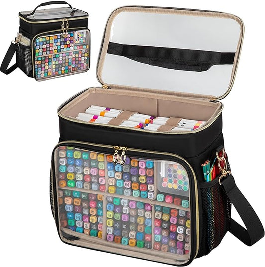Large Double-Layer Marker Organizer Case for 200-300 Markers, Black | Marker Bag with Removable Dividers, Marker Organizer for Markers, Pencils, Crayons or Other Art Supplies, (Bag Only) by wigojoy