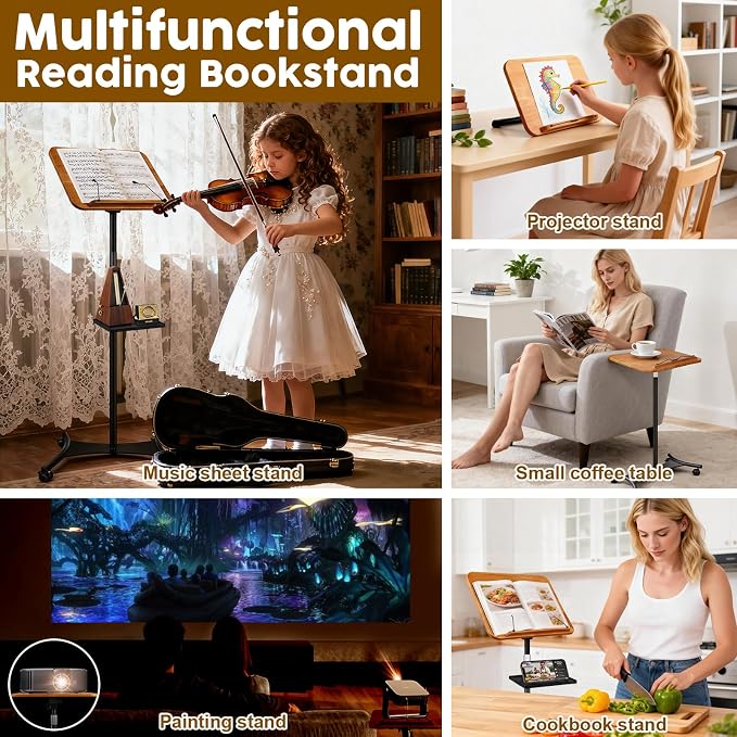 2 in 1 Dual-use Music Stand & Desktop Book Stand, Adjustable Height 16.5"-51", 100% Solid Wood Laptop Floor Stand Book Holder with Elastic Page Clips for Cookbooks (Brown with Tray and Wheels) - Image 4