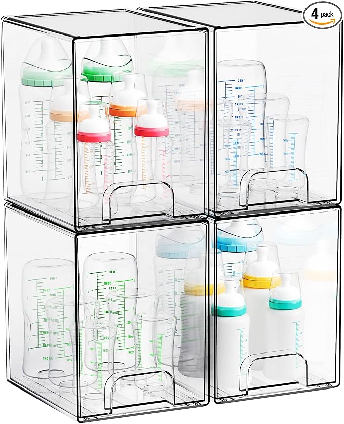 7.5" High Stackable Storage Bins,4 Pack Bottle Station and Baby Bottle Storage Organizer for Countertop,Clear Acrylic Drawers for Pacifier,Breast Pump Parts,Storage Containers,Makeup and Lotion by Yieach