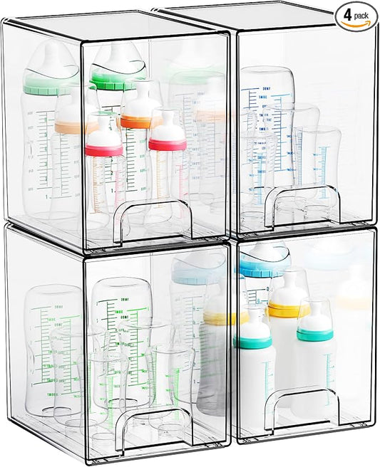 7.5" High Stackable Storage Bins,4 Pack Bottle Station and Baby Bottle Storage Organizer for Countertop,Clear Acrylic Drawers for Pacifier,Breast Pump Parts,Storage Containers,Makeup and Lotion by Yieach