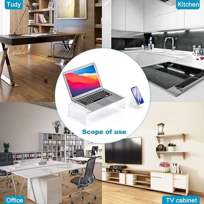 16"x8"x4" Acrylic Monitor Stand, Clear Laptop Riser with Bonus Phone Stand | KMANDLU Clear Premium Acrylic Computer Stand, Ergonomic Monitor Riser & Desk Organizer Shelf for Office, Home, Printer, TV - Image 5