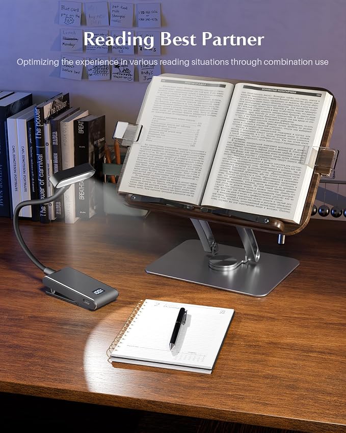 Book Stand for Reading,Adjustable Book Stand with Light,360° Rotating Metal Base,Foldable Cookbook Stand,Reading Hands Free with Page Clips for Recipe,Textbook,Cookbook（3CCT & CRI 90） - Image 8