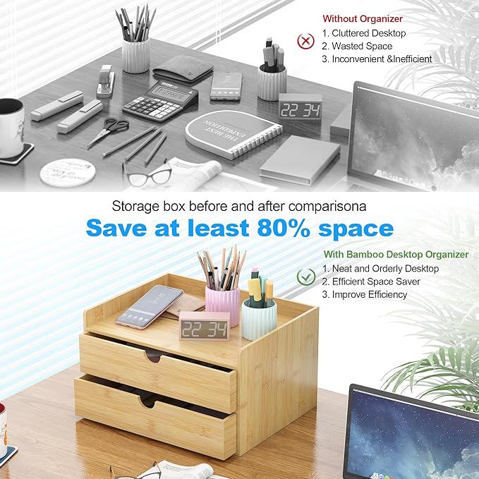 Bamboo Desk Drawer Organizer, Large Desktop Organizer with Drawers Tabletop Storage Organization Box for Office Home Toiletries Supplies Vanity, No Assembly Required (2 Drawer with Shelf) - Image 6