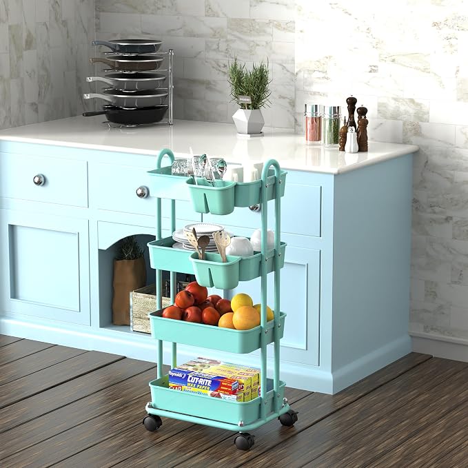 Simple Houseware 4-Tier Rolling Utility Cart with Hanging Bucket, Turquoise | Storage for Bathroom, Kitchen, Office, Study Room, Nursery Diaper - Image 6