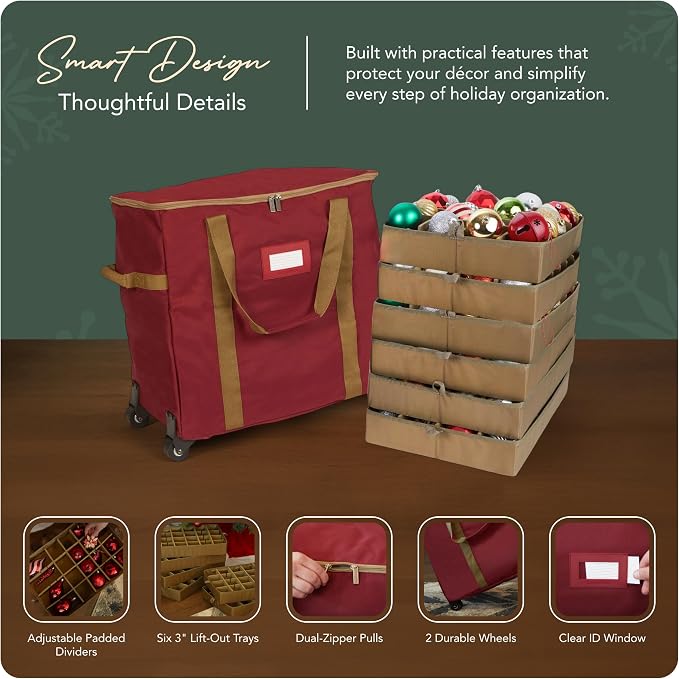 Covermates Keepsakes Rolling Adjustable Ornament Storage Bag – Heavy-Duty Polyester, FlexGrid Trays & Padded Dividers – Protective Holiday Organizer with Wheels, Handles & ID Window, Red - Image 4