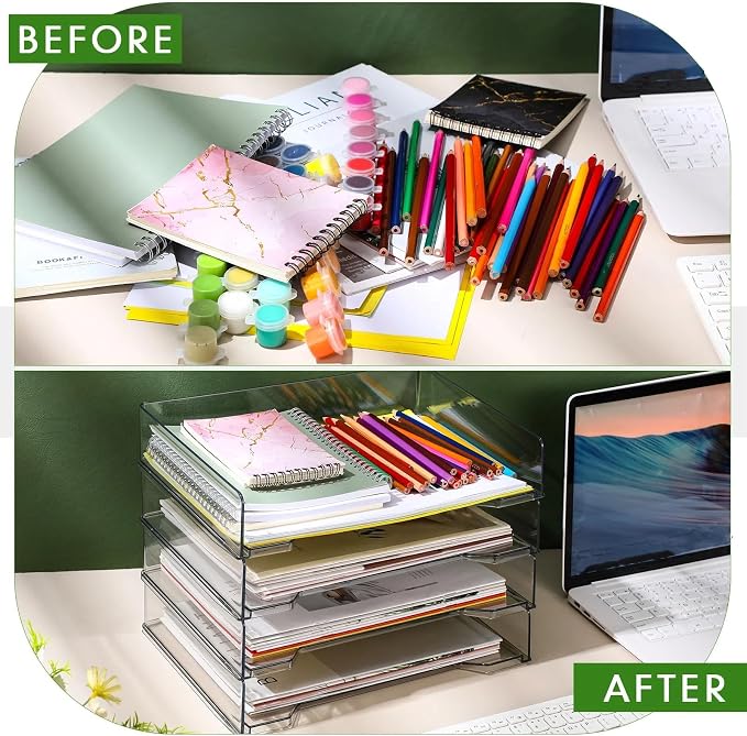 DoubleFill 4 Pcs Stackable Letter Tray Rectangular Plastic Desk Organizer 13 x 9.5 x 2.6 in Paper Holder File Tray Accessories Rack for Desktop Office Desk Drawers (Clear) - Image 4