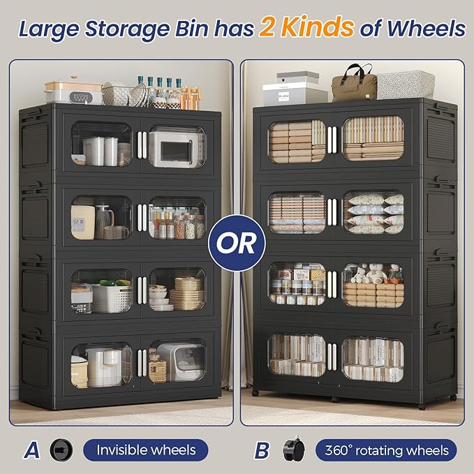250Gal Exra Large Stackable Storage Bins with Lid, 1000QT Collapsible Storage Box with 6x Wheels, Folding Plastic Cabinet Container with Door Drawer for Home Kitchen Office Dorm, 5Pack Black - Image 6