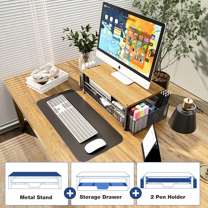 Desk Organizers and Accessories, Computer Monitor Stand Riser with Drawer and 2 Pen Holders, Printer & Laptop Stand, Office Desk Accessories & Workspace Organizers for Home Office Supplies, Oak - Image 6
