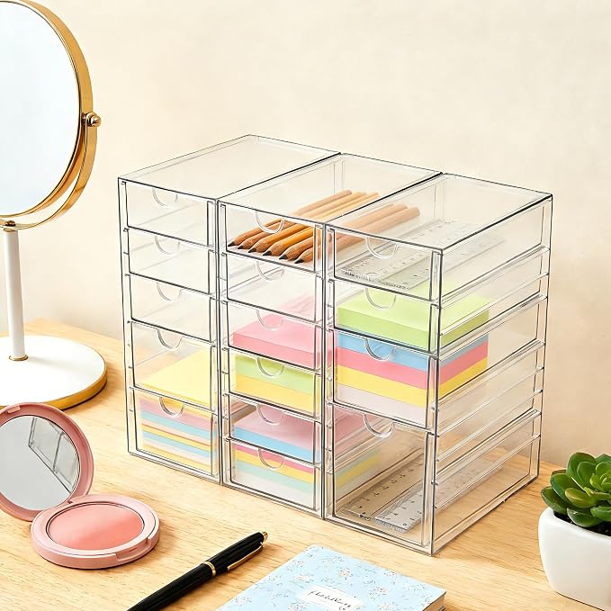 Prsildan 15 Drawers Teacher Toolbox Acrylic Containers, Set of 3 | Clear, Pens Markers Stickers Hardware Storage, Office Desk Kitchen Cabinet Garage Organizer - Image 8