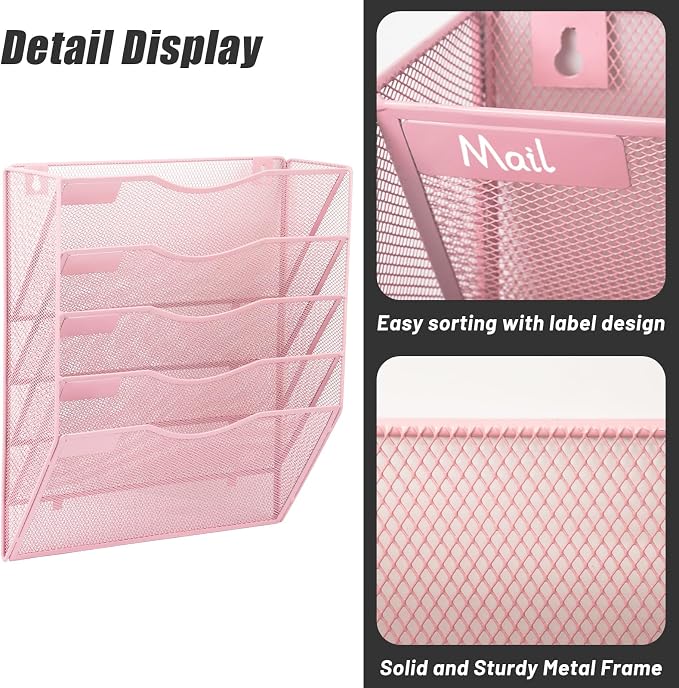 5 Pocket Mesh Hanging Wall File Organizer, Wall Mounted Mail Paper Document Folder Holder, Clipboard Storage Organization Magazine Rack with Nametag Label for Office Home School, Pink - Image 4