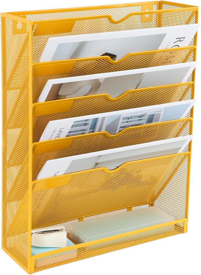6 Tier Mesh Hanging Wall File Organizer, Desk Vertical Mail Paper Document Folder Holder Rack with Bottom Tray and Nametag Label for Office Home School, Yellow - Image 8