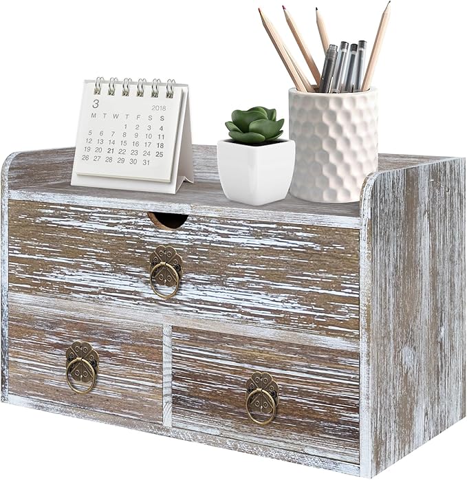 Wood Desk Organizer with Drawer, Washed Brown Wooden Desktop Organizer, Tabletop Storage Organization Box for Countertop, Home Office Supplies (3 Drawer and Shelf) by SEEKELEGANT