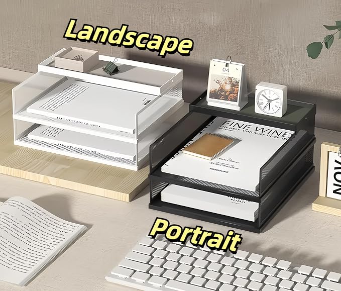 A3 Mesh Desk File Organizer, Stackable Paper Tray，Desktop Document Sorter, File Storage, 3/4/5-Tier Paper Letter Tray Organizer, Desk Accessories & Workspace, Black (4 Tier-Landscape-White) - Image 3