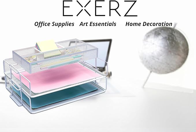 EXERZ Stackable Letter Trays 2 Pack with Memo Holder Desk Organiser White | Two Tier A4 File Storage With Divided Accessory Sections For Notes Pens Clips And Everyday Desk Essentials - Image 8