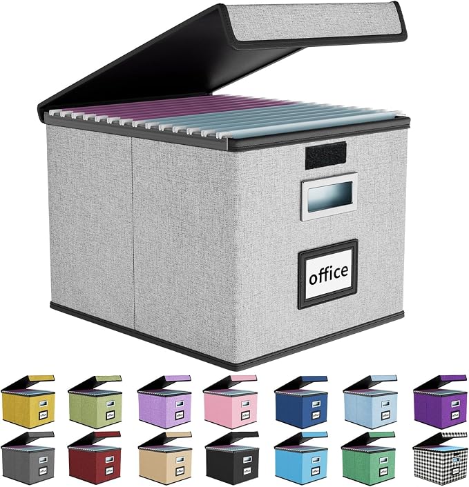 File Organizer Box with Lids, Collapsible File Folder Organizer | File Box with Plastic Slides for Office Document Storage, Filing Bin for Letter Size Hanging File Folders (1 Pack, Gray) by Huolewa