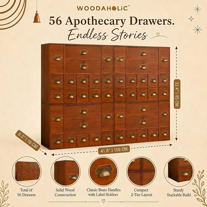 56-Drawer Apothecary Cabinet, Stackable & Modular Vintage Library Card Catalog Organizer, Solid Wood Storage Box with Brass Pulls & Label Holders for Trading Cards, Beads, Stickers & Hardware - Image 2