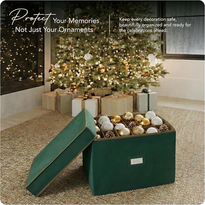 Covermates Keepsakes Adjustable Ornament Storage Box – Heavy-Duty Polyester, Padded Dividers & FlexGrid Trays – Protective Holiday Organizer with Stackable Walls & Label Window, Green - Image 2